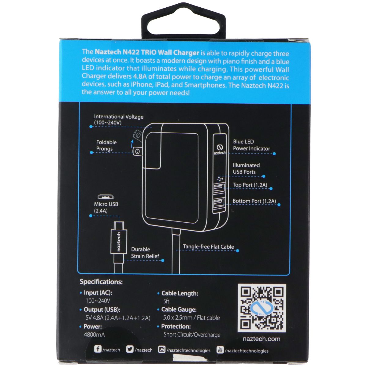 Naztech TRiO Wall Charger w/ 2x USB A ports and Built-in Micro-USB Cable - Black Cell Phone - Chargers & Cradles Naztech - Simple Cell Bulk Wholesale Pricing - USA Seller