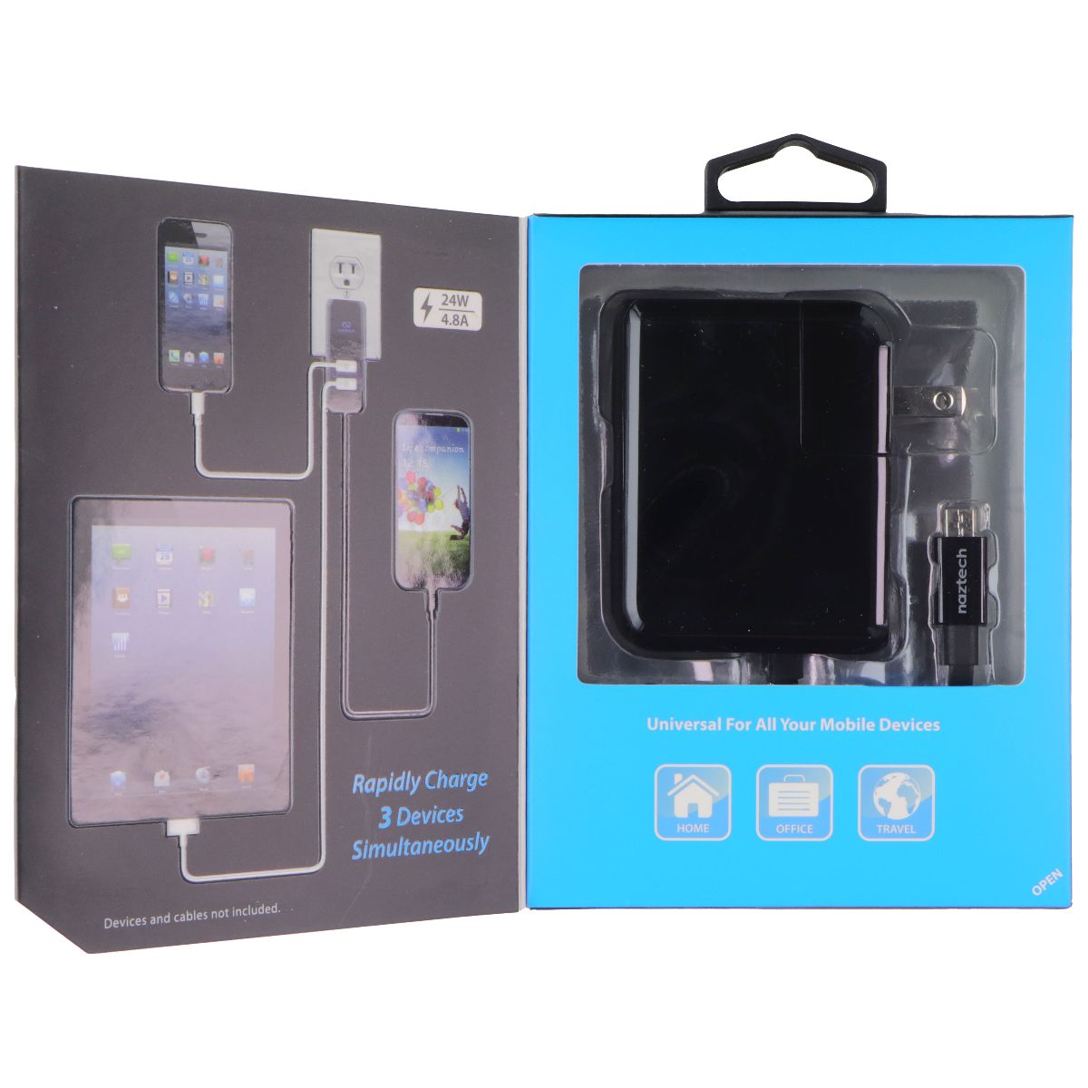 Naztech TRiO Wall Charger w/ 2x USB A ports and Built-in Micro-USB Cable - Black Cell Phone - Chargers & Cradles Naztech - Simple Cell Bulk Wholesale Pricing - USA Seller