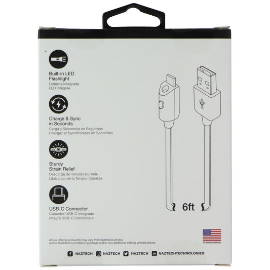 naztech (6ft/1.8m) Lighted USB-C Flat Cable with Built-in LED Flashlight - Black
