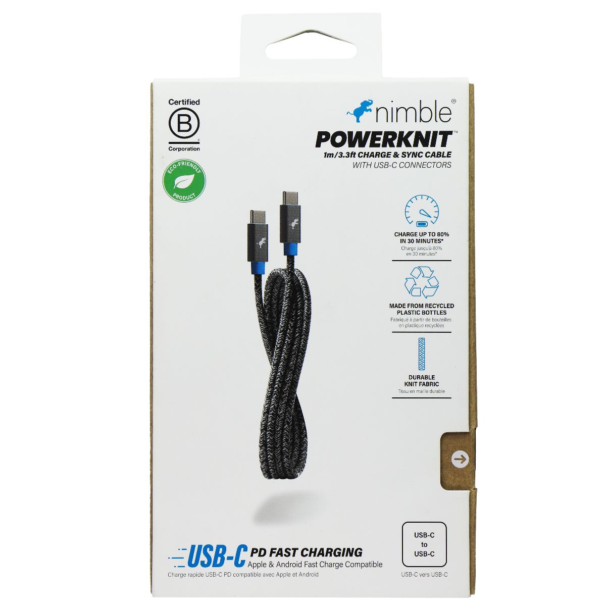 Nimble PowerKnit (3.3-Ft) USB-C to USB-C Braided Cable for iOS/Android Gray/Blue Cell Phone - Cables & Adapters Nimble    - Simple Cell Bulk Wholesale Pricing - USA Seller