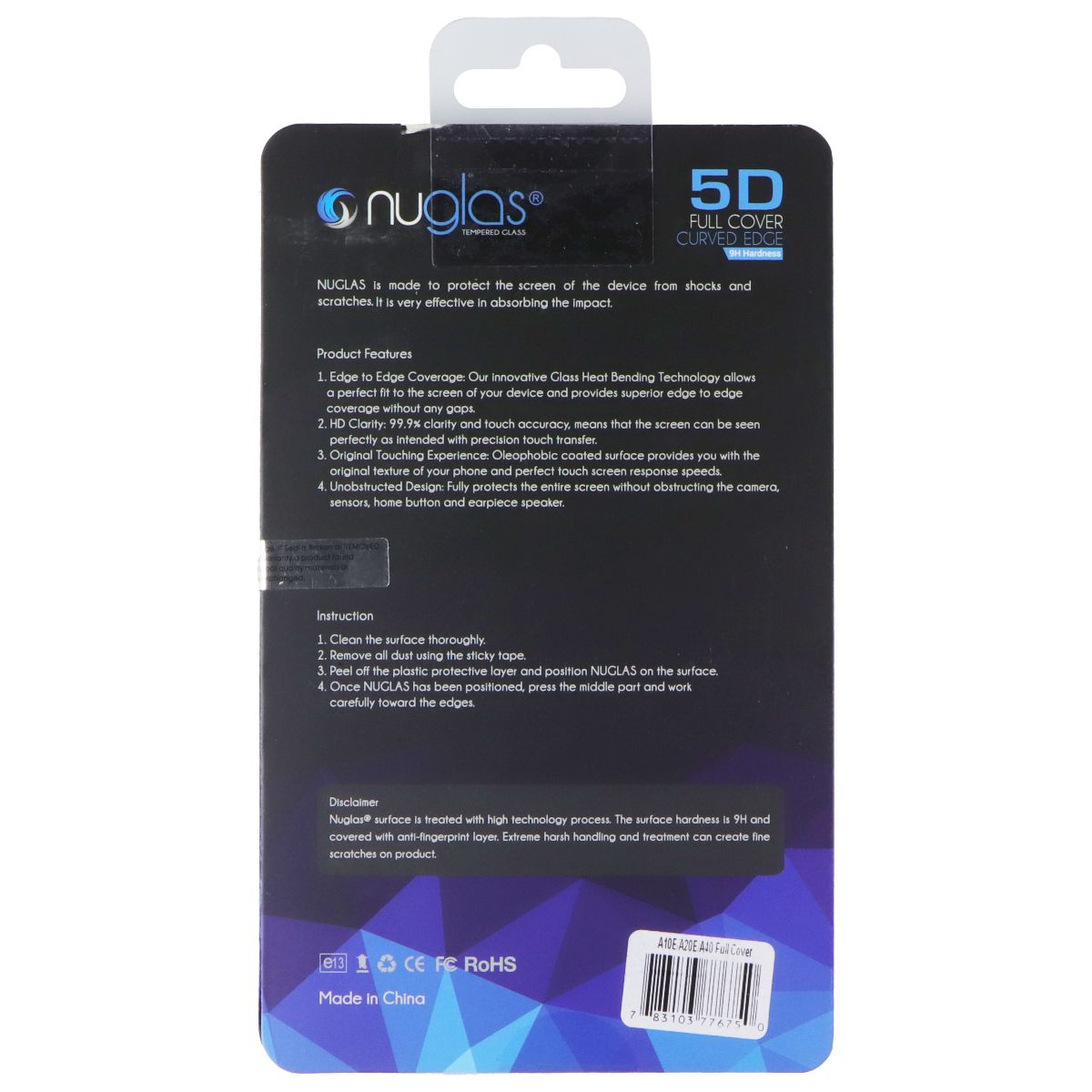 Nuglas 5G Full Cover Curved Edge Tempered Glass for Samsung A10e/A20e/A40 Cell Phone - Screen Protectors Nuglas - Simple Cell Bulk Wholesale Pricing - USA Seller