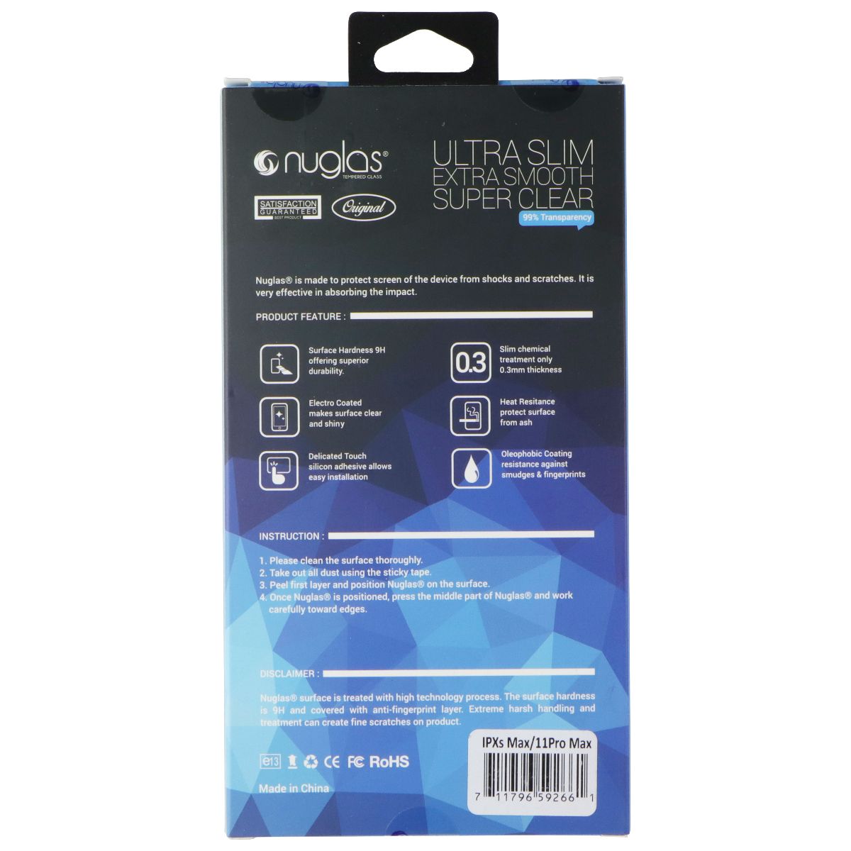 Nuglas Crystal Clear Tempered Glass for Apple iPhone 11 Pro Max/XS Max - Clear Cell Phone - Screen Protectors Nuglas - Simple Cell Bulk Wholesale Pricing - USA Seller