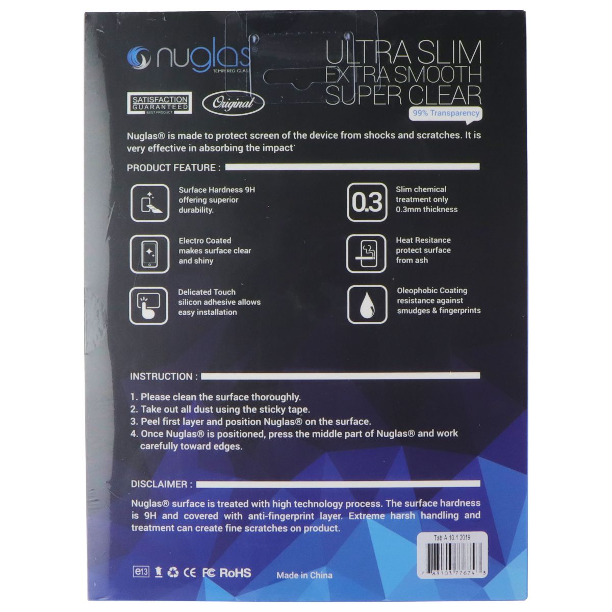 Nuglas Ultra Slim .3mm Tempered Glass for Samsung Tab A 10.1 (2019) - Clear Cell Phone - Screen Protectors Nuglas - Simple Cell Bulk Wholesale Pricing - USA Seller