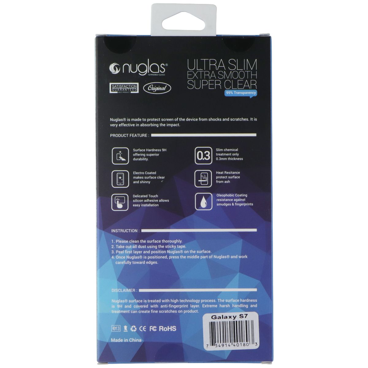 Nuglas Crystal Clear Tempered Glass Screen Protector for Galaxy S7 - Clear Cell Phone - Screen Protectors Nuglas - Simple Cell Bulk Wholesale Pricing - USA Seller