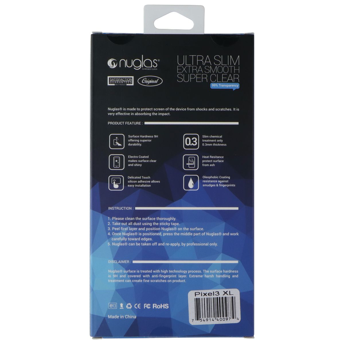 Nuglas Crystal Clear Premium Tempered Glass for Google Pixel 3 XL - Clear Cell Phone - Screen Protectors Nuglas - Simple Cell Bulk Wholesale Pricing - USA Seller