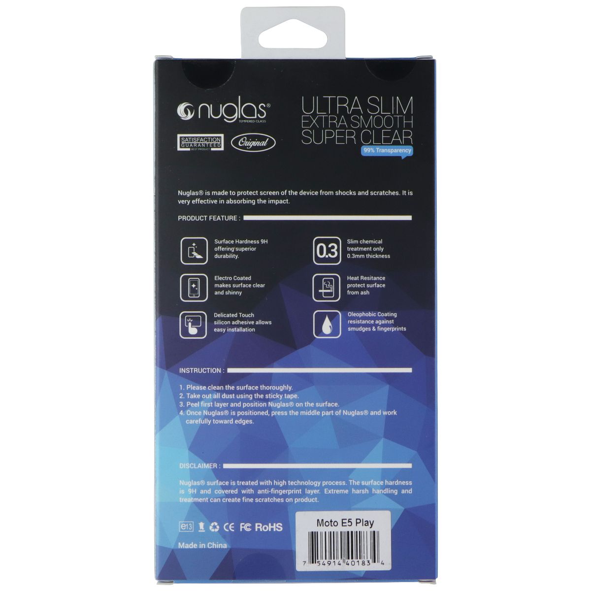 Nuglas Crystal Clear Tempered Glass for Motorola Moto E5 Play - Clear Cell Phone - Screen Protectors Nuglas - Simple Cell Bulk Wholesale Pricing - USA Seller