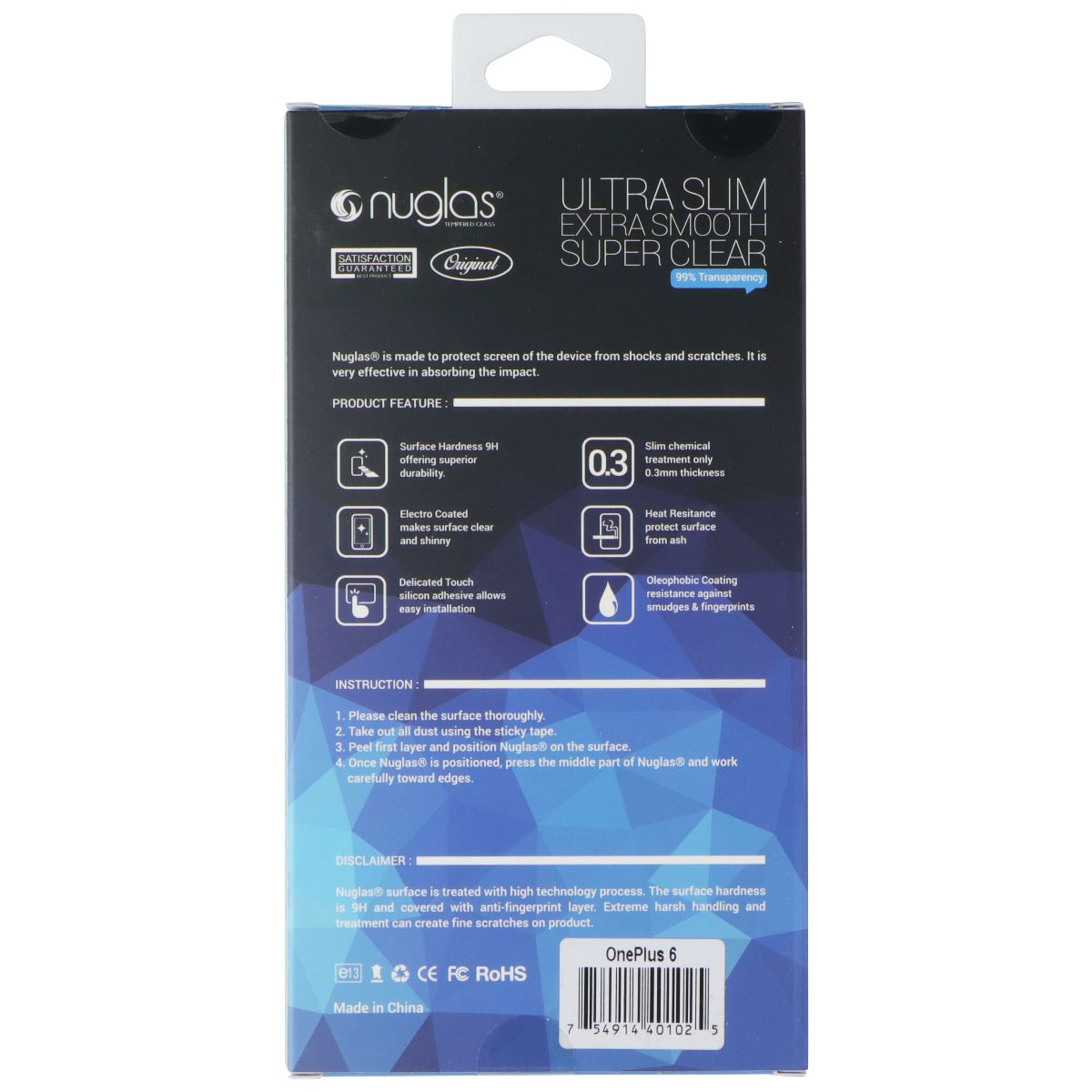 Nuglas Crystal Clear Premium Tempered Glass for OnePlus 6 - Clear Cell Phone - Screen Protectors Nuglas - Simple Cell Bulk Wholesale Pricing - USA Seller