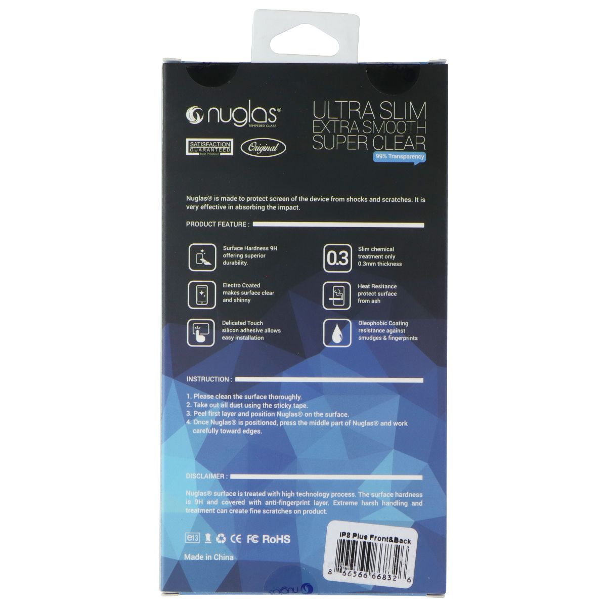 Nuglas Crystal Clear Tempered Glass (Front + Back) for iPhone 8 Plus - Clear Cell Phone - Screen Protectors Nuglas - Simple Cell Bulk Wholesale Pricing - USA Seller