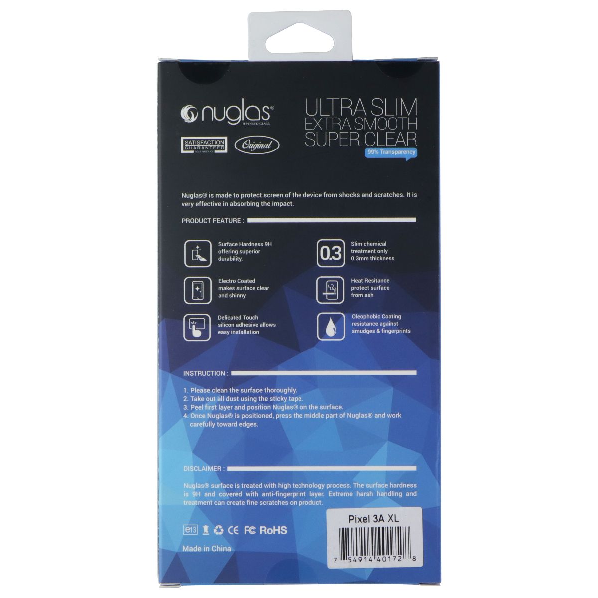 Nuglas Crystal Clear Tempered Glass for Google Pixel 3a XL - Clear Cell Phone - Screen Protectors Nuglas - Simple Cell Bulk Wholesale Pricing - USA Seller