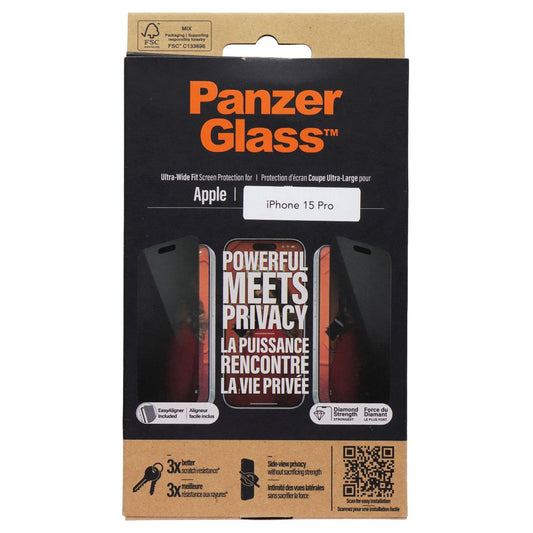 PanzerGlass Privacy Tempered Glass Screen Protector for Apple iPhone 15 Pro Cell Phone - Screen Protectors PanzerGlass - Simple Cell Bulk Wholesale Pricing - USA Seller