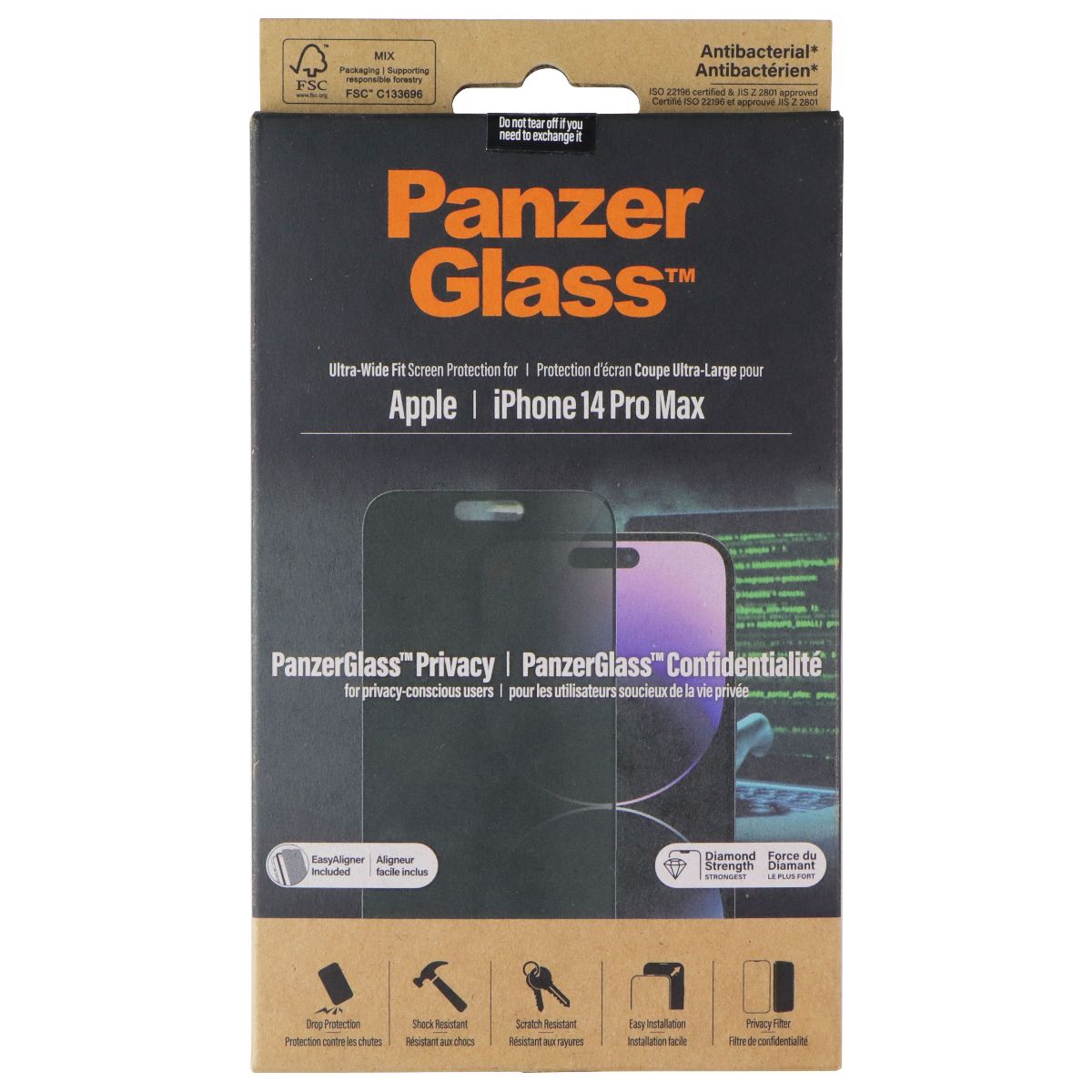 PanzerGlass Privacy Ultra-Wide Fit Screen Protector for Apple iPhone 14 Pro Max Cell Phone - Screen Protectors PanzerGlass - Simple Cell Bulk Wholesale Pricing - USA Seller