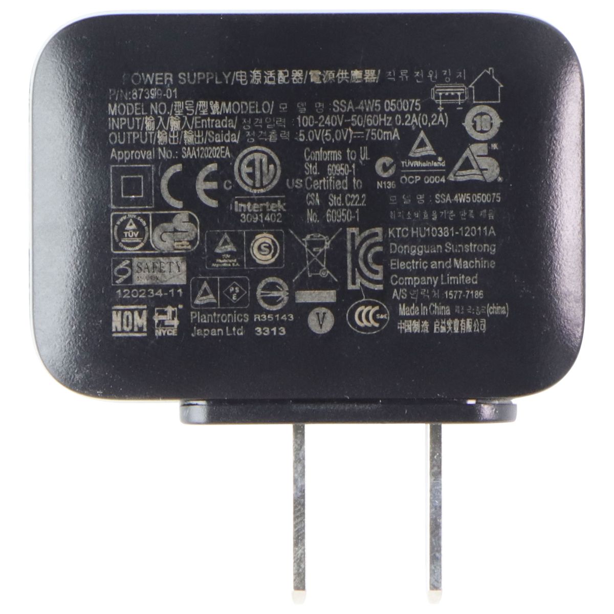 Plantronics Wall Charger Single USB Adapter - Black (SSA-4W5 050075) Cell Phone - Chargers & Cradles Plantronics - Simple Cell Bulk Wholesale Pricing - USA Seller