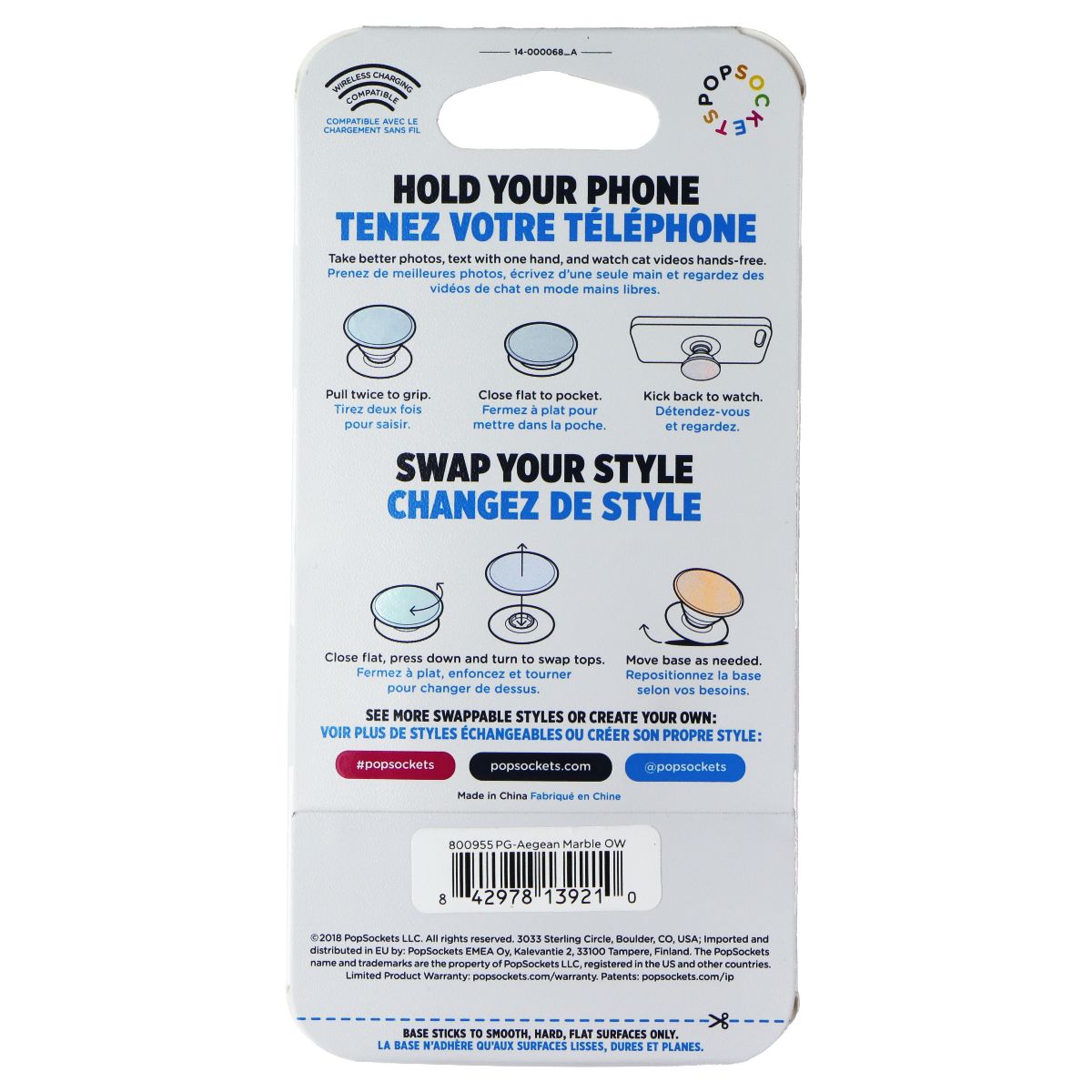 PopSockets PopGrip Expanding Stand Grip with Swappable Top - Aegean Marble Cell Phone - Mounts & Holders PopSockets - Simple Cell Bulk Wholesale Pricing - USA Seller