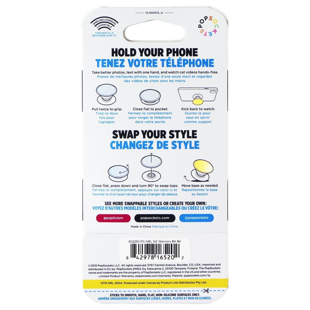 PopSockets PopGrip Expanding Stand Grip w/ Swappable Top - NRL NZ Warriors Cell Phone - Mounts & Holders PopSockets - Simple Cell Bulk Wholesale Pricing - USA Seller