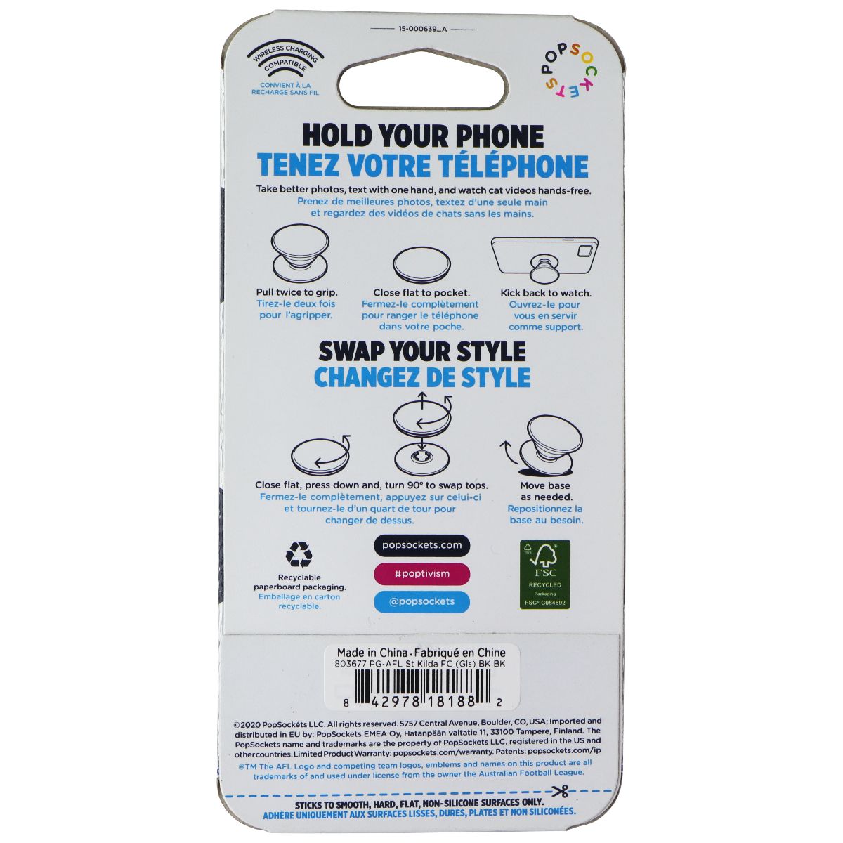 PopSockets PopGrip Expanding Stand Grip w/ Swappable Top - AFL St Kilda FC Cell Phone - Mounts & Holders PopSockets - Simple Cell Bulk Wholesale Pricing - USA Seller