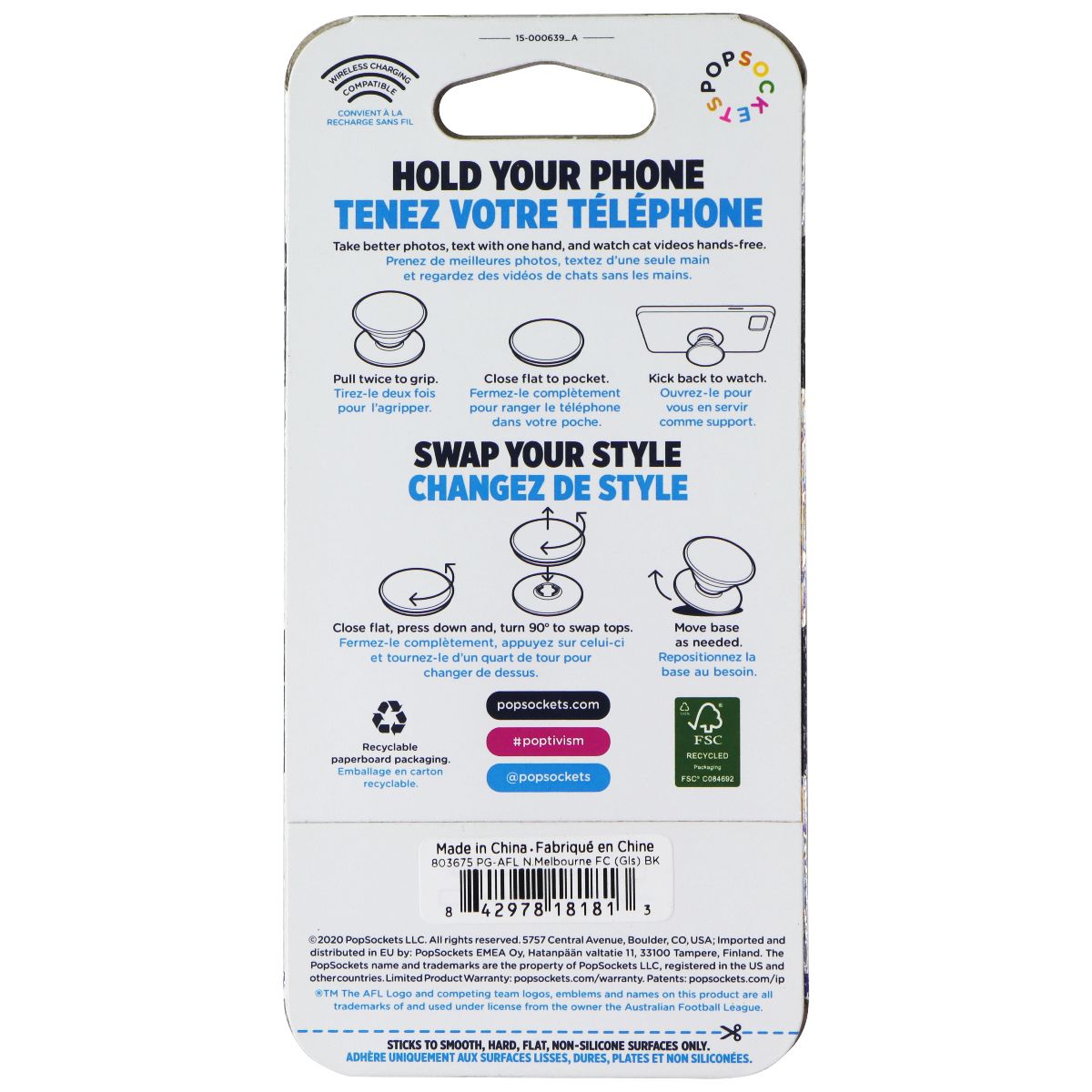 PopSockets PopGrip Expanding Stand Grip w/ Swap Top - AFL North Melbourne FC Cell Phone - Mounts & Holders PopSockets - Simple Cell Bulk Wholesale Pricing - USA Seller