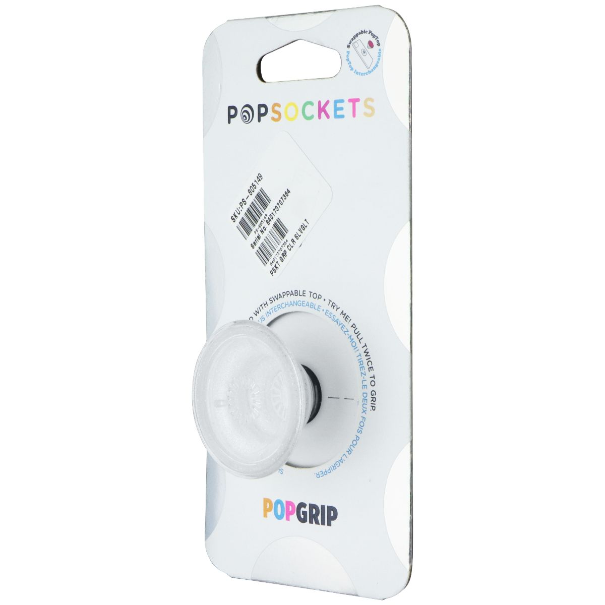 PopSockets PopGrip with Swappable Top for Phones - Clear Glitter Silver Cell Phone - Mounts & Holders PopSockets - Simple Cell Bulk Wholesale Pricing - USA Seller