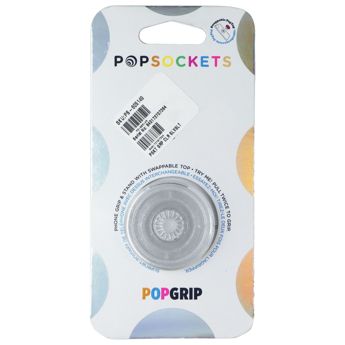 PopSockets PopGrip with Swappable Top for Phones - Clear Glitter Silver Cell Phone - Mounts & Holders PopSockets - Simple Cell Bulk Wholesale Pricing - USA Seller