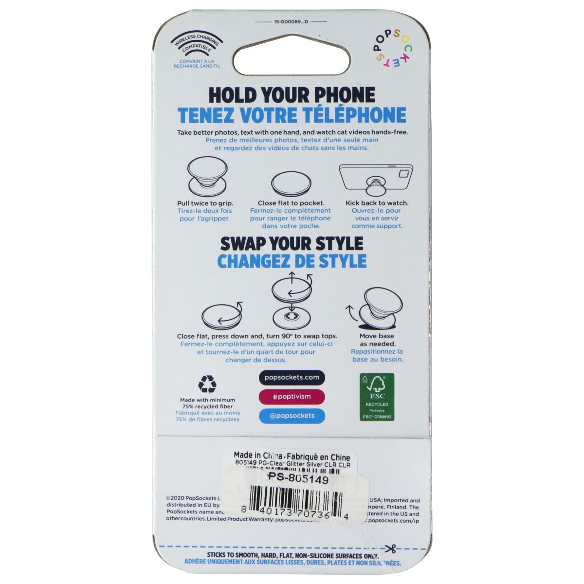 PopSockets PopGrip with Swappable Top for Phones - Clear Glitter Silver Cell Phone - Mounts & Holders PopSockets - Simple Cell Bulk Wholesale Pricing - USA Seller