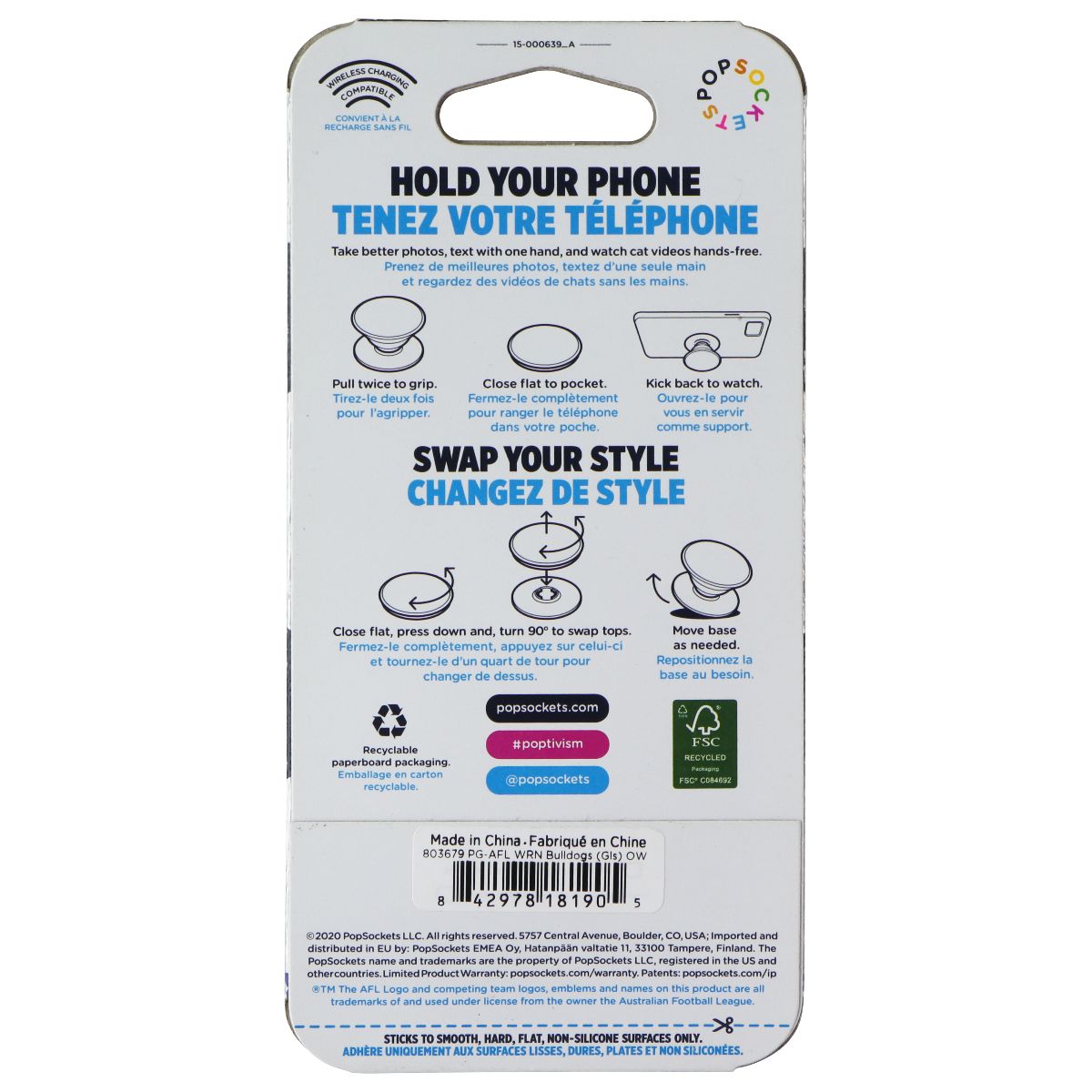 PopSockets PopGrip Expanding Stand Grip w/ Swap Top - AFL Western Bulldogs Cell Phone - Mounts & Holders PopSockets - Simple Cell Bulk Wholesale Pricing - USA Seller