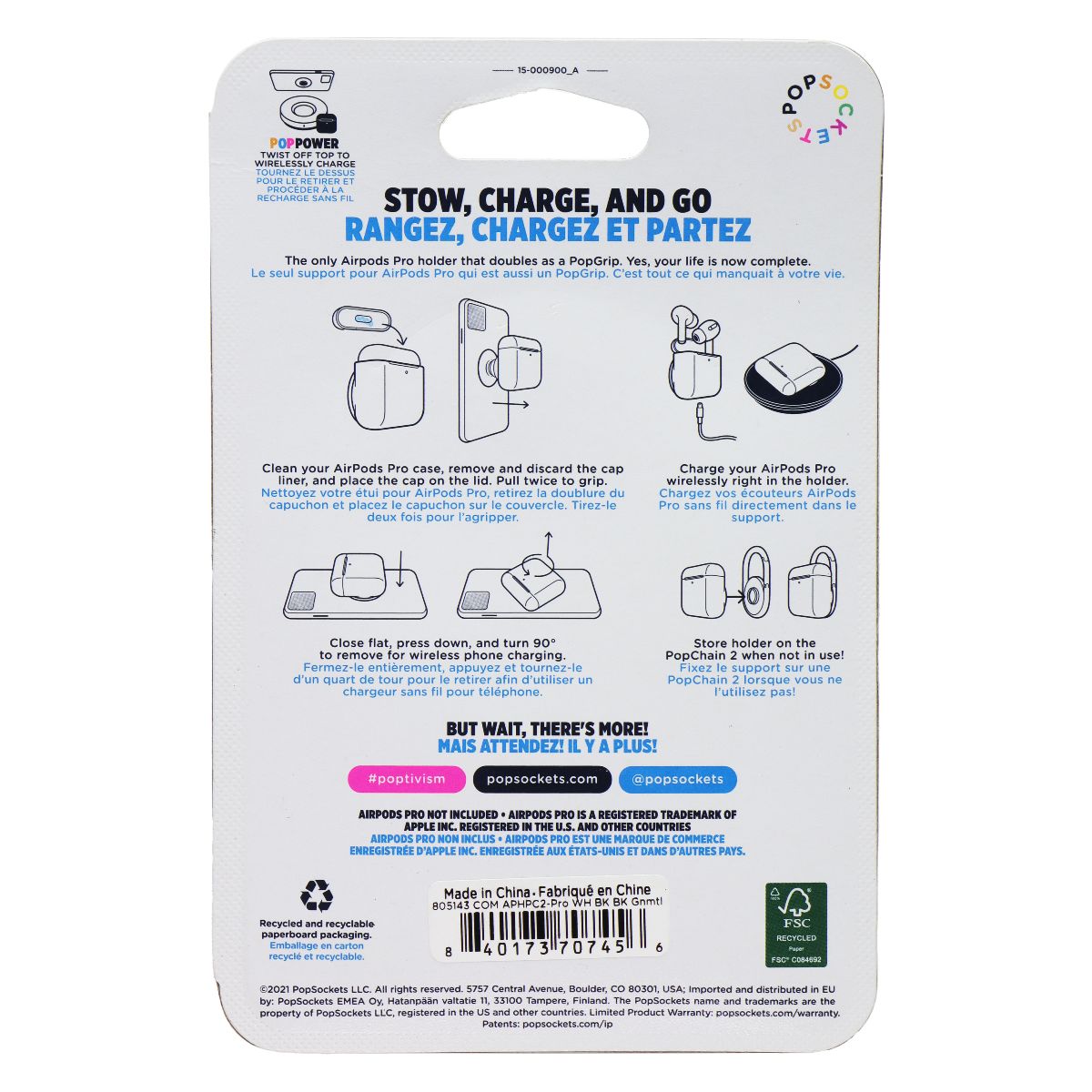 PopSockets PopGrip AirPods Pro Holder + PopChain 2 - White Cell Phone - Other Accessories PopSockets - Simple Cell Bulk Wholesale Pricing - USA Seller