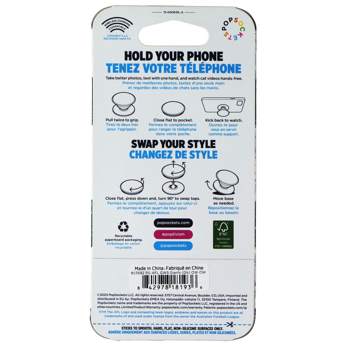 PopSockets PopGrip Expanding Stand Grip w/Swappable Top - AFL GWS Giants