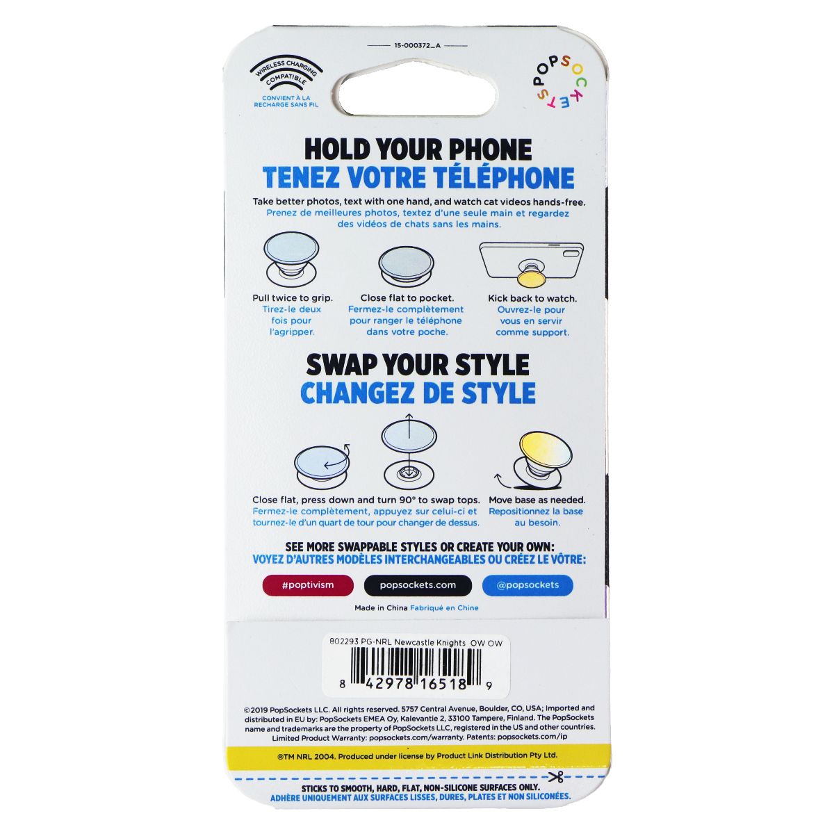 PopSockets PopGrip Expanding Stand Grip w/Swappable Top - NRL Newcastle Knights Cell Phone - Mounts & Holders PopSockets - Simple Cell Bulk Wholesale Pricing - USA Seller