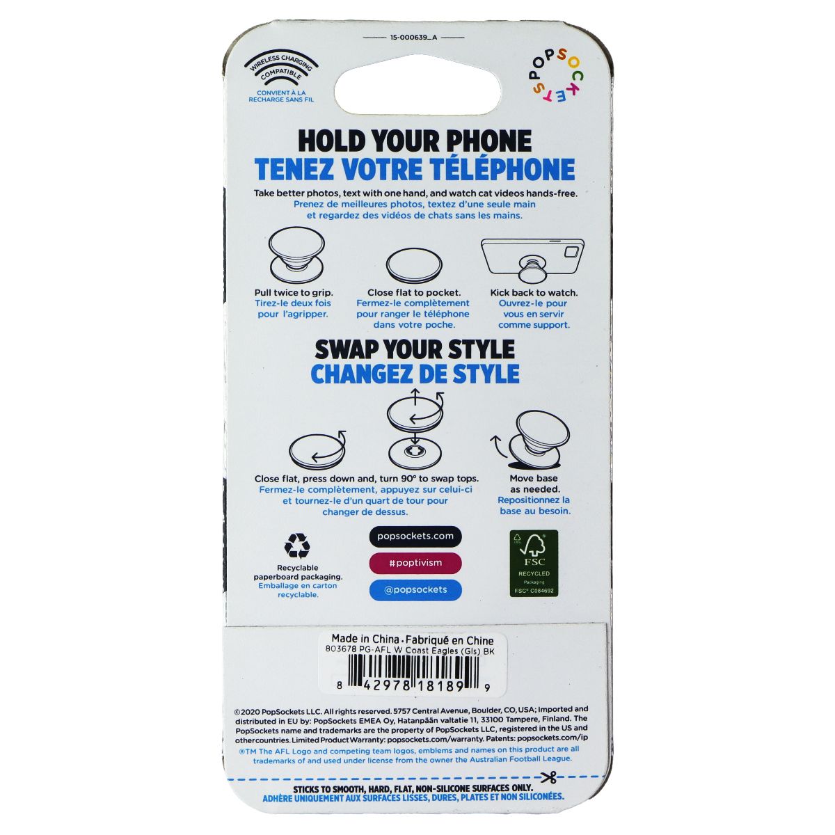 PopSockets PopGrip Expanding Stand Grip w/Swappable Top - AFL West Coast Eagles Cell Phone - Mounts & Holders PopSockets - Simple Cell Bulk Wholesale Pricing - USA Seller