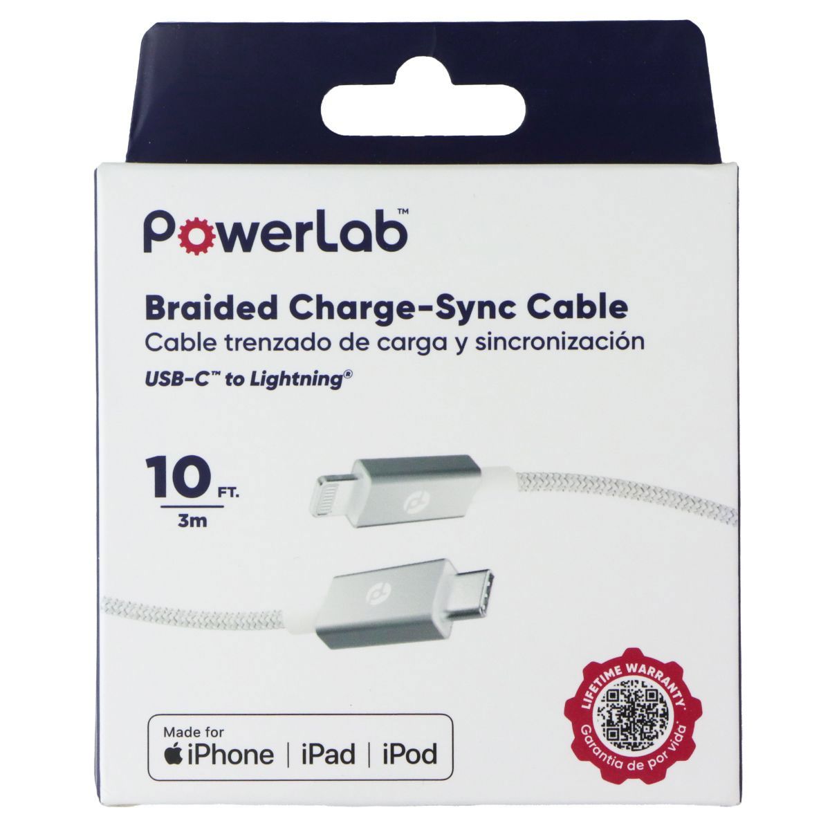 PowerLab Braided (10-Ft) USB-C to 8-Pin Charge Sync Cable - Silver/White Cell Phone - Cables & Adapters PowerLab - Simple Cell Bulk Wholesale Pricing - USA Seller