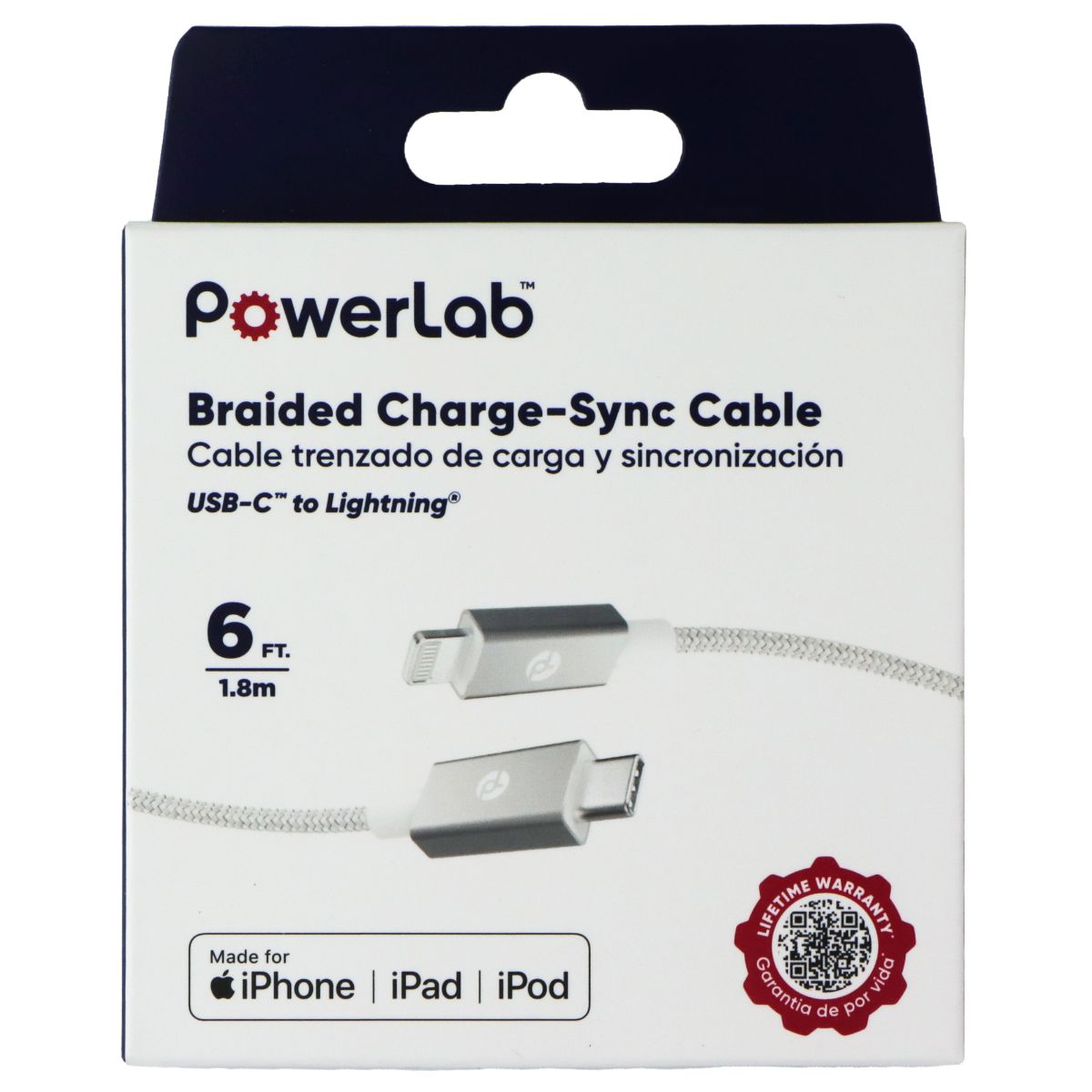 PowerLab 6FT USB-C to Lightning 8-Pin Braided Charge-Sync Cable - White Cell Phone - Cables & Adapters PowerLab - Simple Cell Bulk Wholesale Pricing - USA Seller