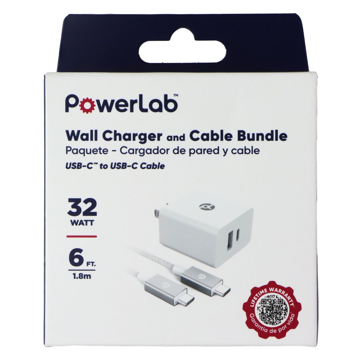 PowerLab 32W Wall Charger and 6-Ft USB-C to USB-C Cable - White/Silver Cell Phone - Chargers & Cradles PowerLab - Simple Cell Bulk Wholesale Pricing - USA Seller