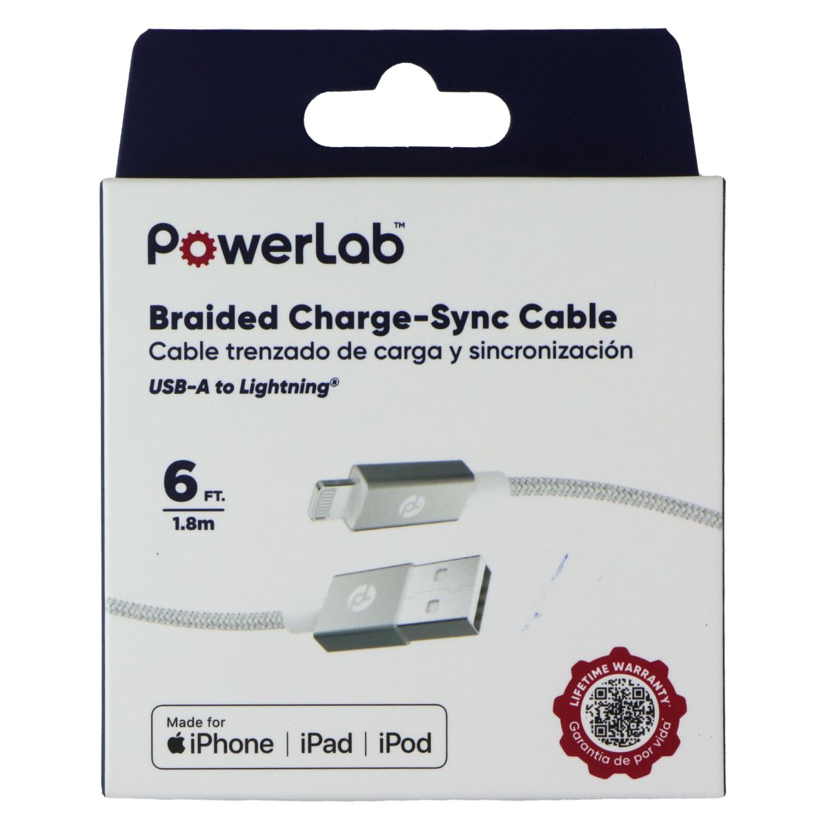 PowerLab 6FT USB-A to Lightning 8-Pin Braided Charge-Sync Cable - White Cell Phone - Cables & Adapters PowerLab - Simple Cell Bulk Wholesale Pricing - USA Seller