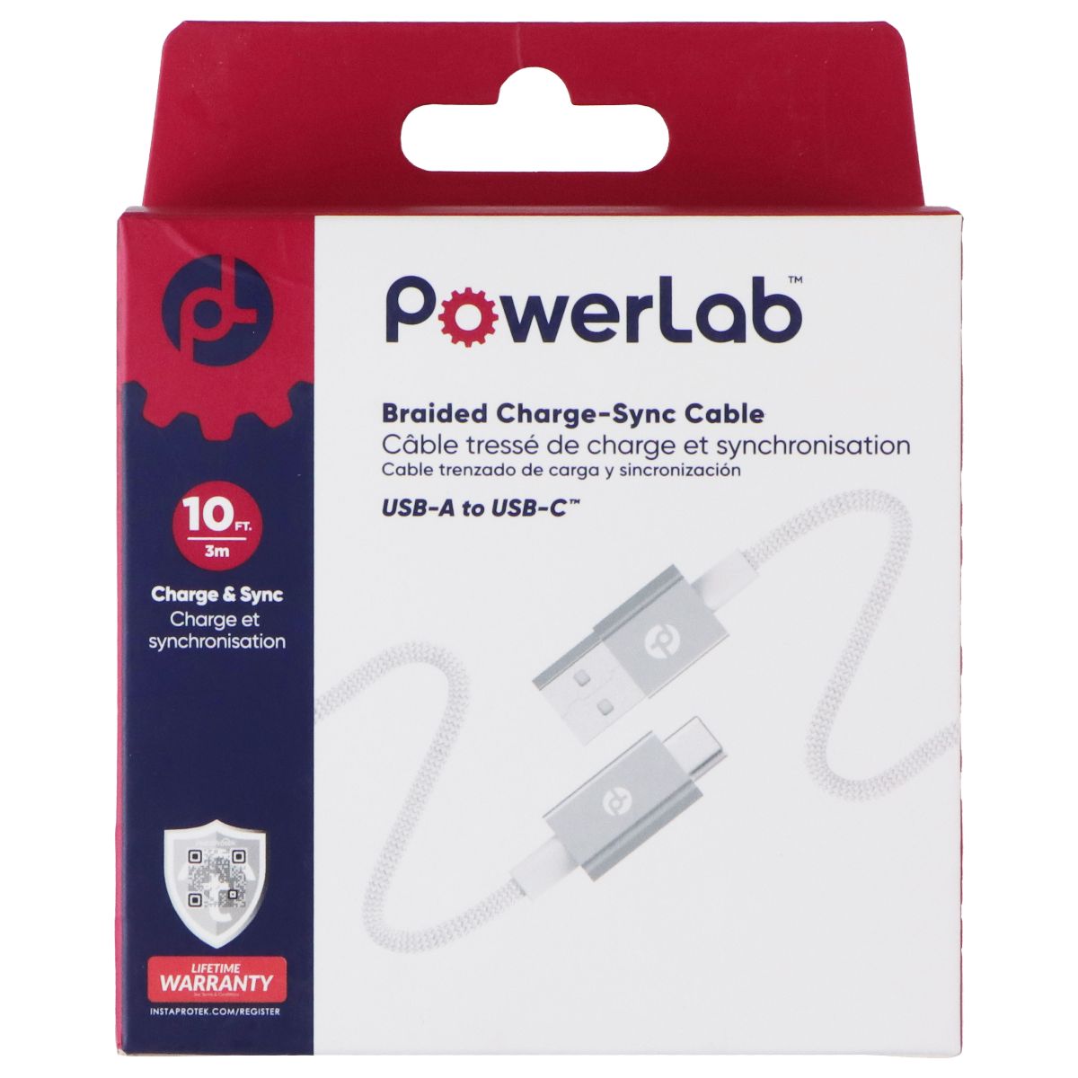 PowerLab 10-Ft Braided Charge-Sync USB-A to USB-C Cable - White/Silver Cell Phone - Cables & Adapters PowerLab - Simple Cell Bulk Wholesale Pricing - USA Seller