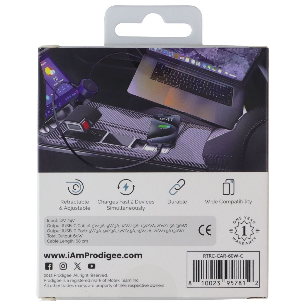 Prodigee Retract-IT Dual Type-C 60W Car Charger - Black