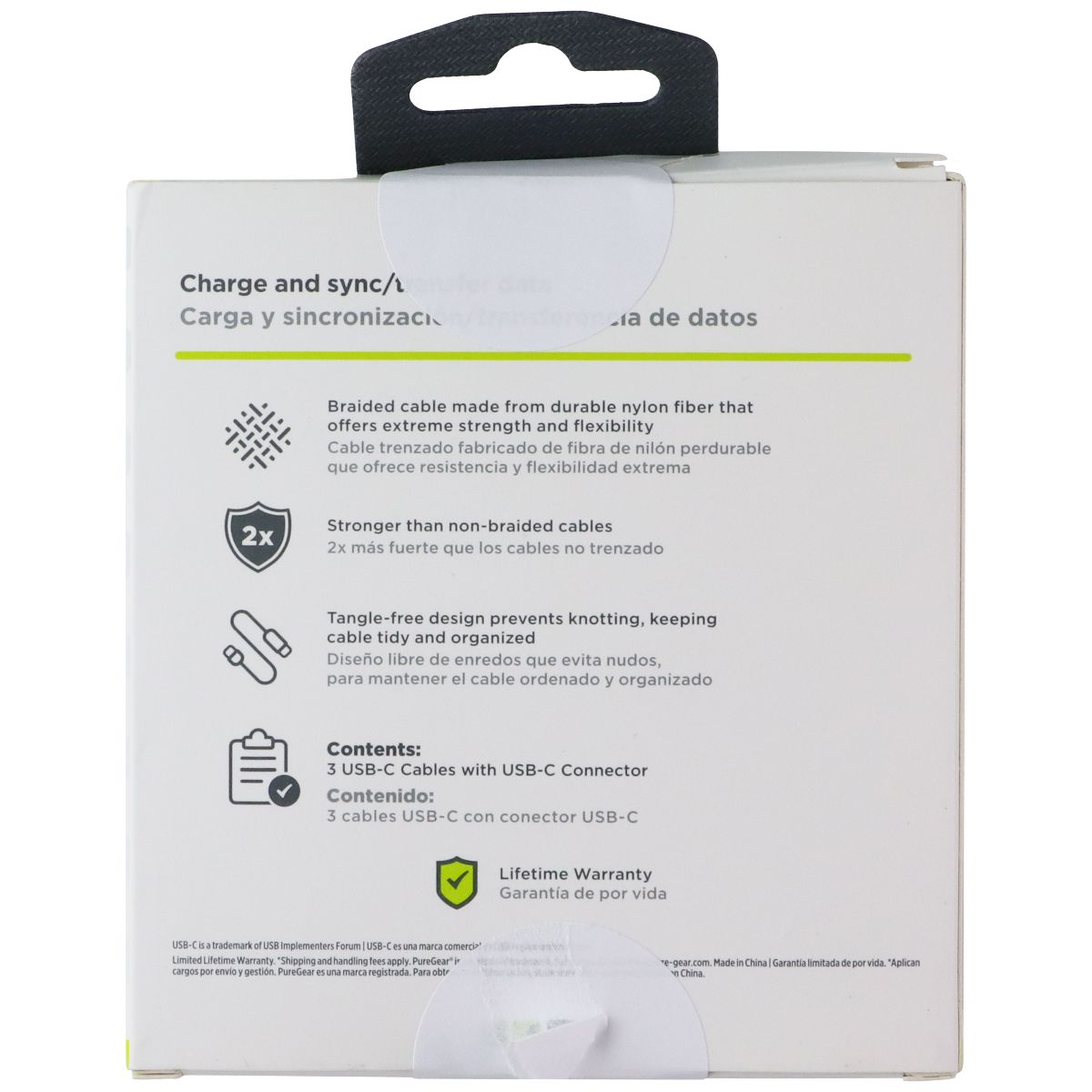 PureGear 3 Braided USB-C Charging Cables - White (10 Foot/6 Foot/4 Foot)