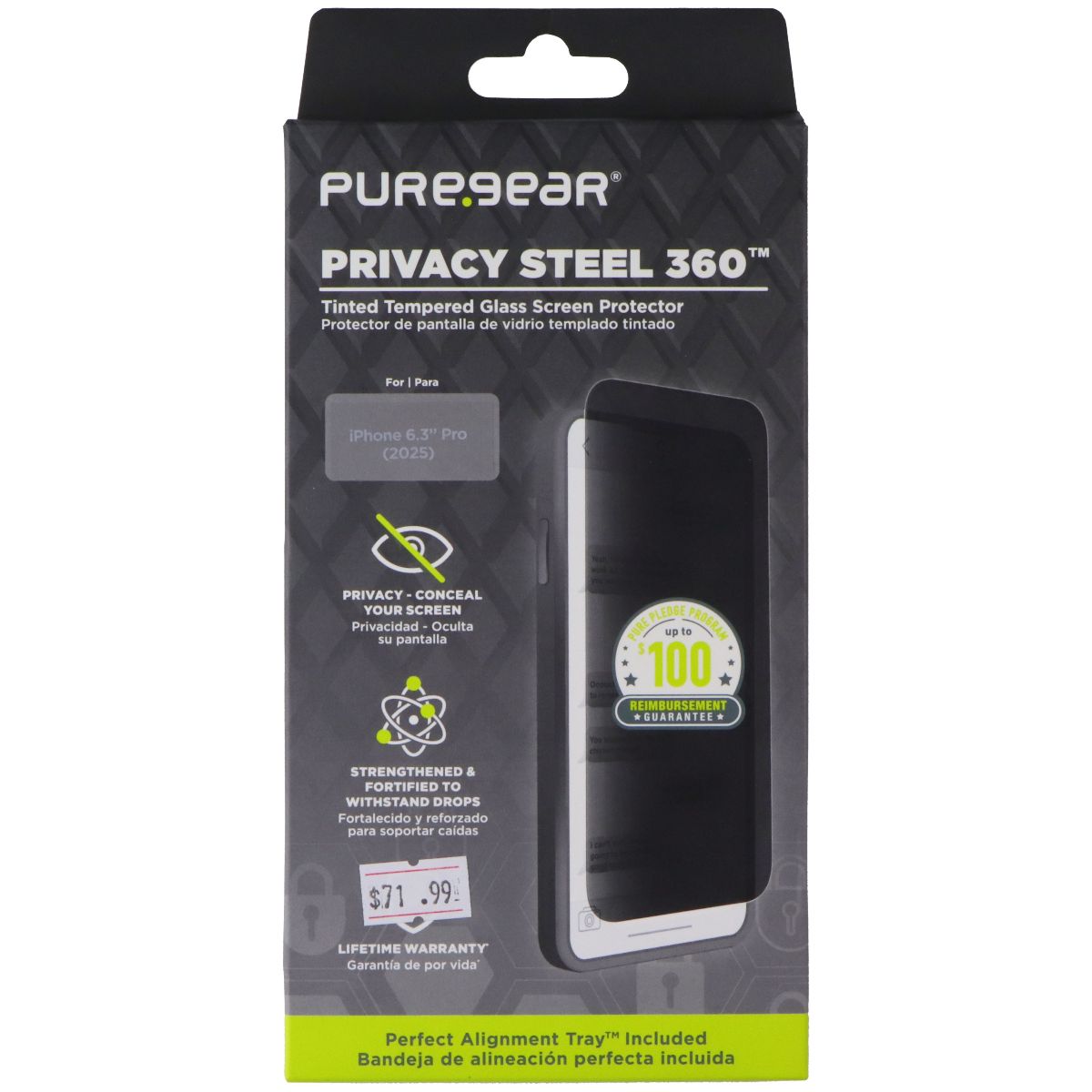 PureGear Privacy Steel 360 Glass for Apple iPhone 17 Pro / iPhone 18 Pro - Tint Cell Phone - Screen Protectors PureGear - Simple Cell Bulk Wholesale Pricing - USA Seller