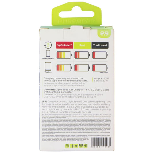 PureGear Light Speed 4 Foot USB-C to 8-Pin Cable and 20W Car Charger - White Cell Phone - Cables & Adapters PureGear - Simple Cell Bulk Wholesale Pricing - USA Seller