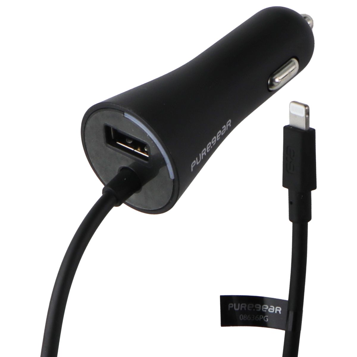 PureGear 24W Car Charger with Lightning 8-Pin Connector and USB-A Port - Black Cell Phone - Chargers & Cradles PureGear - Simple Cell Bulk Wholesale Pricing - USA Seller
