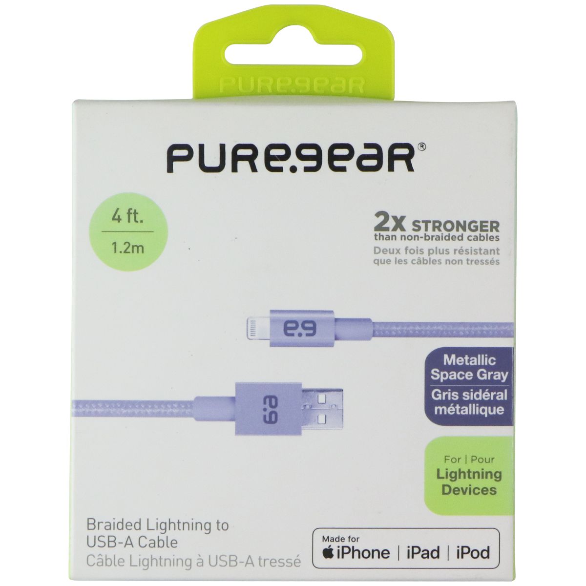 PureGear (4-Ft) Braided 8-Pin to USB Charge/Sync Cable - Metallic Space Gray Cell Phone - Cables & Adapters PureGear - Simple Cell Bulk Wholesale Pricing - USA Seller
