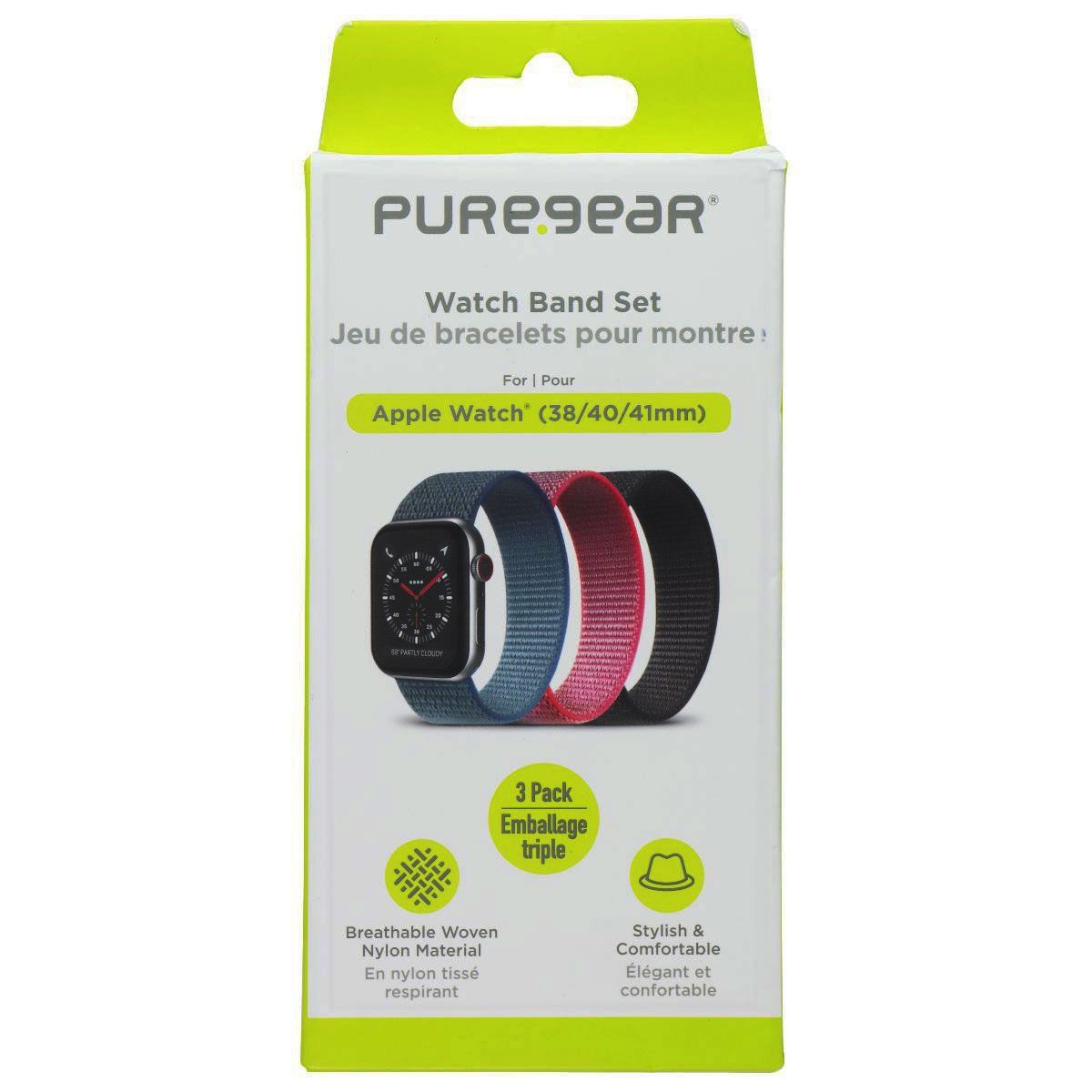PureGear 3 Pack Nylon & Velcro Watch Band Set for Apple Watch (38/40/41mm) Smart Watch Accessories - Watch Bands PureGear - Simple Cell Bulk Wholesale Pricing - USA Seller