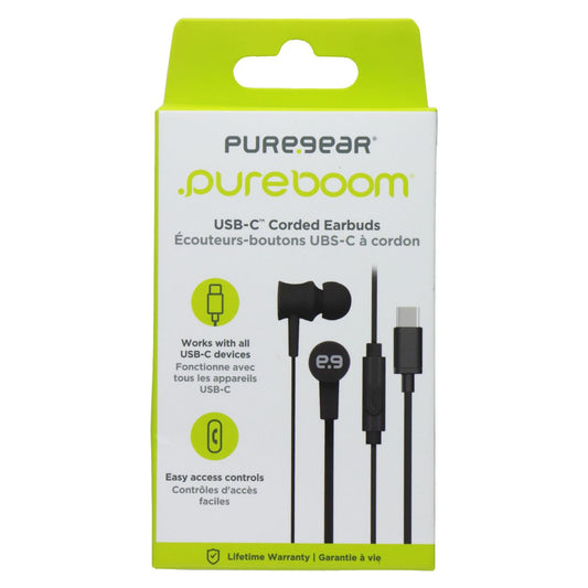 PureGear PureBoom USB-C Corded Earbuds - Black (64793PG) Portable Audio - Headphones PureGear - Simple Cell Bulk Wholesale Pricing - USA Seller