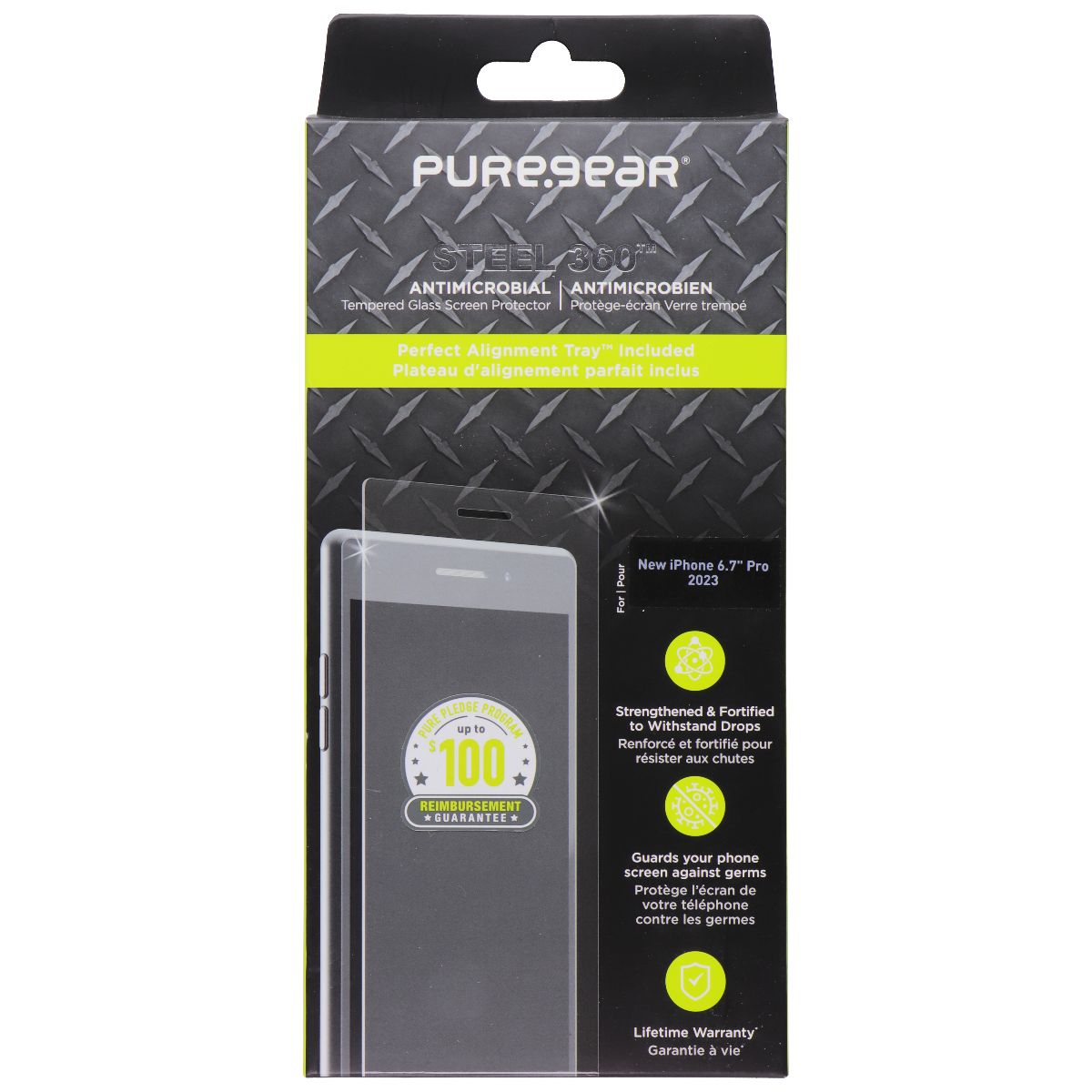 Pure Gear Steel 360 Tempered Glass for iPhone 15 Pro Max with Alignment Tray Cell Phone - Screen Protectors PURE GEAR - Simple Cell Bulk Wholesale Pricing - USA Seller