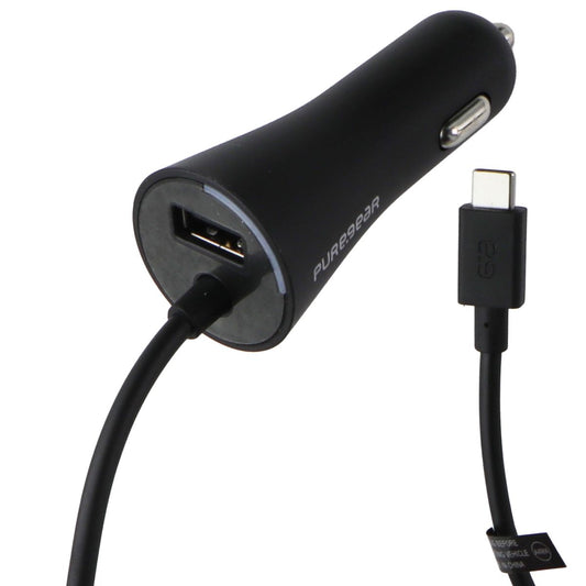PureGear 24W Car Charger with 7-Ft USB-C Connector + Extra USB Port - Black