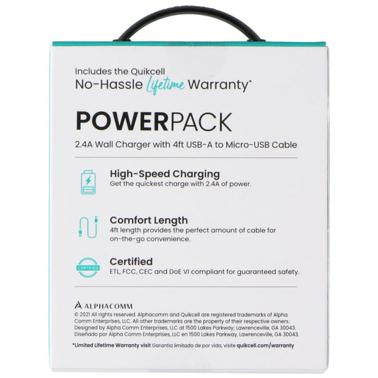 Quikcell Power Pack 2.4A Wall Charger with 4ft USB-A to Micro-USB Cable - Black Cell Phone - Cables & Adapters Quikcell - Simple Cell Bulk Wholesale Pricing - USA Seller