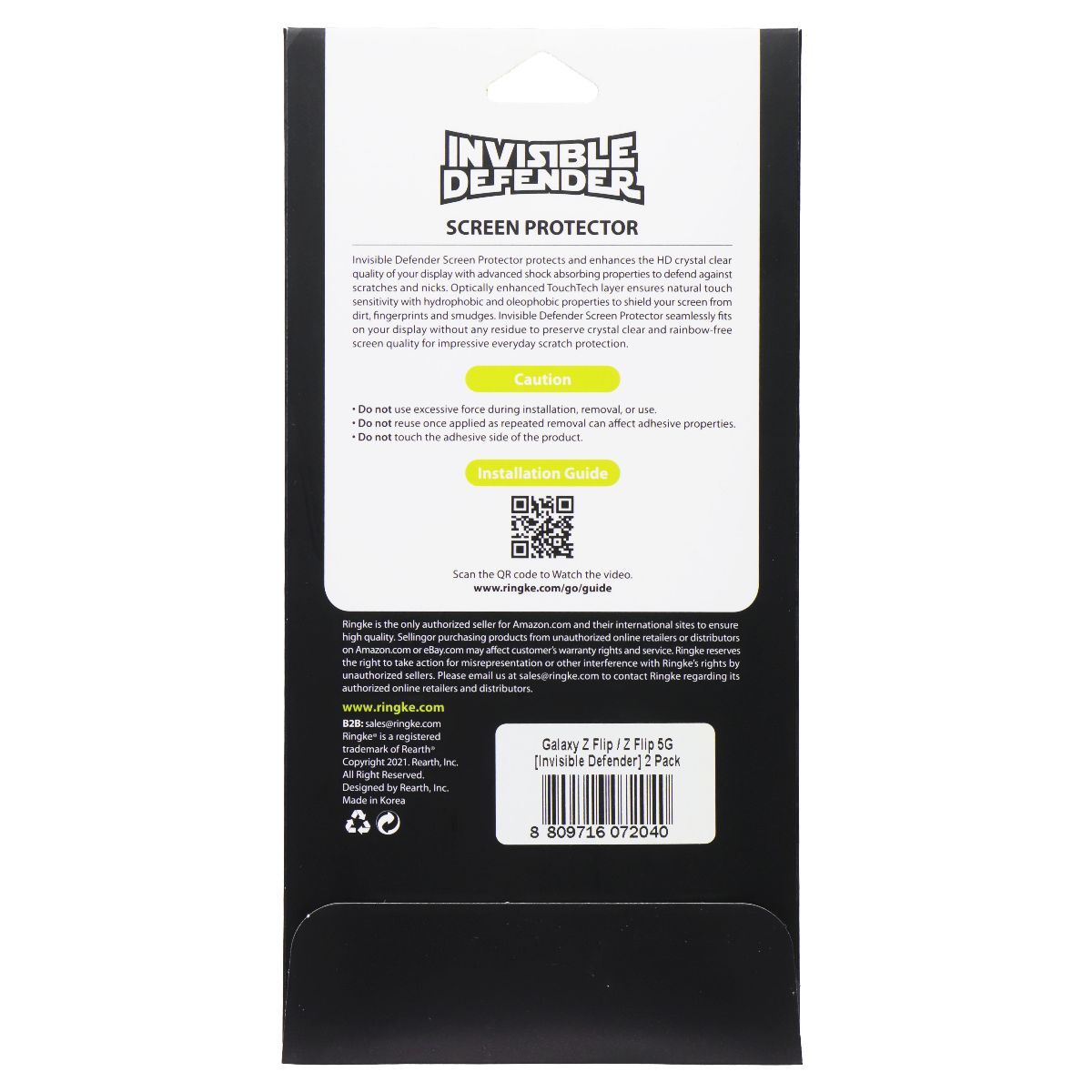Ringke Invisible Defender Screen Protector for Galaxy Z Flip/Z Flip 5G (2 Pack)