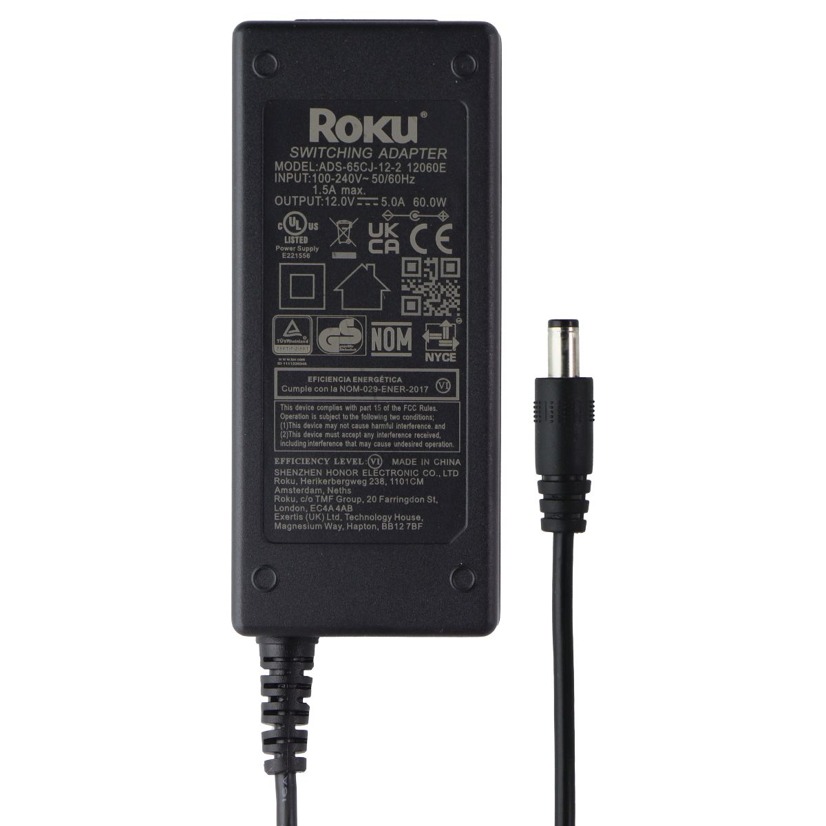Roku (60W / 12V / 5A) Switching Adapter Power Supply - Black (ADS-65CJ-12-2) Parts & Accessories - Cables & Adapters Roku - Simple Cell Bulk Wholesale Pricing - USA Seller