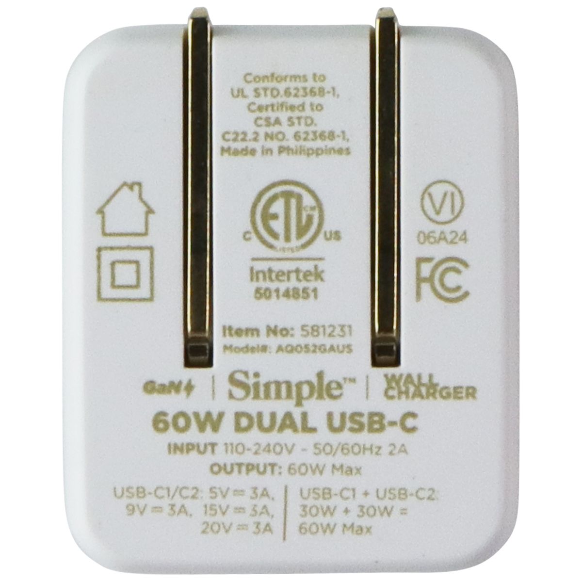 S. Simple (60W) Dual USB-C GaN Powered Folding Wall Charger - White (581231)