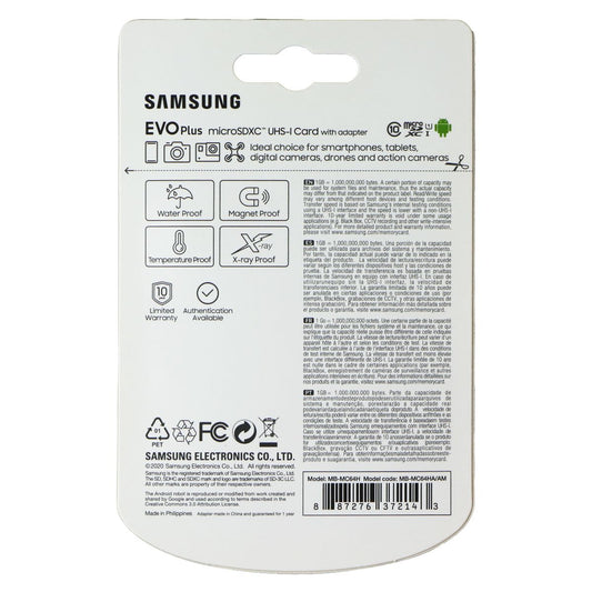 Samsung Evo Plus MicroSDXC UHS-I Memory Card with SD Adapter - 64GB Cell Phone - Memory Cards Samsung - Simple Cell Bulk Wholesale Pricing - USA Seller