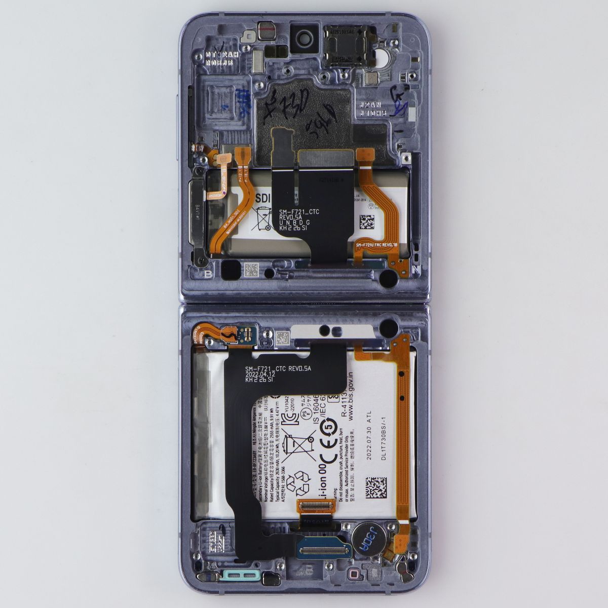 Repair Part SVC LCD Assembly (E/LB/PF) (XAA) Frame for Galaxy Z Flip4 F721 Blue Cell Phone - Replacement Parts & Tools Samsung - Simple Cell Bulk Wholesale Pricing - USA Seller