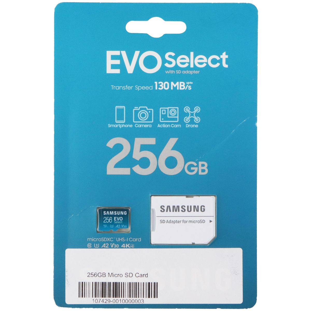 Samsung EVO Select 256GB (130MB/S) MicroSDXC Card with SD Adapter Digital Camera - Memory Cards Samsung - Simple Cell Bulk Wholesale Pricing - USA Seller